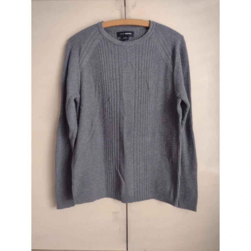 John Henry Crew Neck Grey Rib Knit Sweater Sz M Russia Vintage Fitted Minimalist